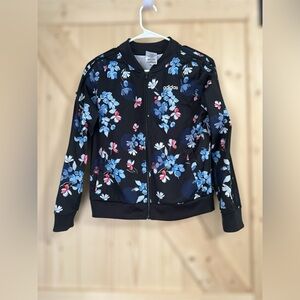 Adidas Girl's Size‎ L 16 Black Floral Zip Jacket w/ Blue Flower Print Preowned